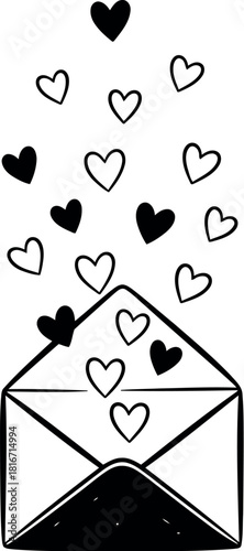 Hand drawn envelope releasing a shower of hearts illustration