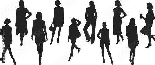 Silhouette set of stylish women in various poses standing, walking, holding bags and drinks for fashion and lifestyle design