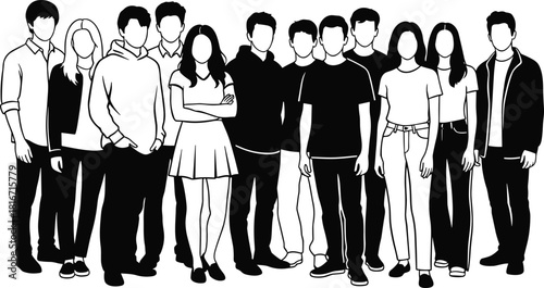 Large group of faceless young people standing together, casual student friends team, black and white vector illustration isolated on white background.