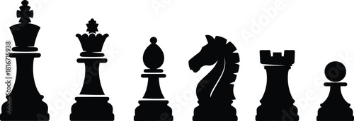 Classic black chess pieces silhouettes on white background, including King, Queen, Bishop, Knight, Rook, and Pawn, ready for strategic board game.