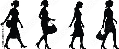 Silhouette set of women walking with handbags in various poses, perfect for fashion concepts, shopping themes and design elements