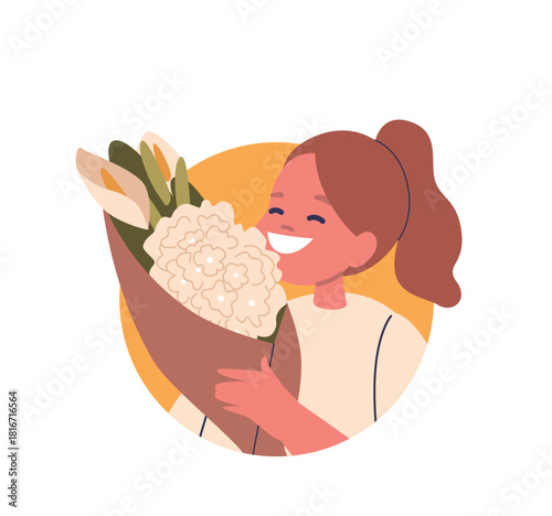 Happy girl child rejoicing flower