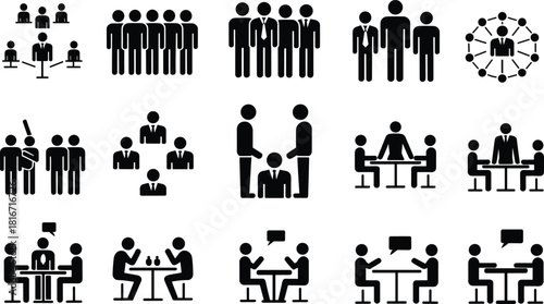 Collection of business people silhouettes and meeting icons, illustrating teamwork, discussion, networking, corporate collaboration, and group communication concepts in vector.