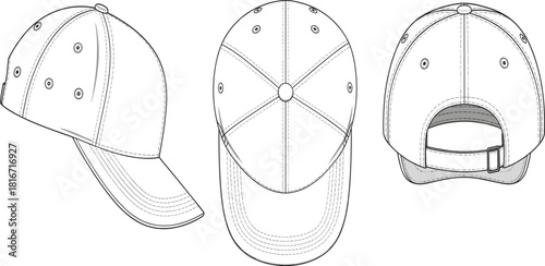 Baseball cap technical flat sketch vector, multiple views (side, top, back), adjustable strap, apparel template for sportswear, branding, and design mockup