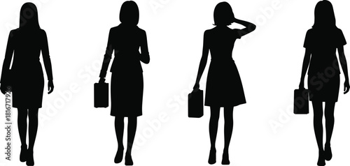 Silhouetted businesswomen walking with handbags, professional female figures, corporate people isolated, elegant office workers, modern career women