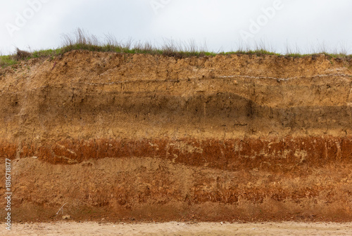 A soil profile, which is a vertical cross-section of the soil layers. A chasm with different soil layers