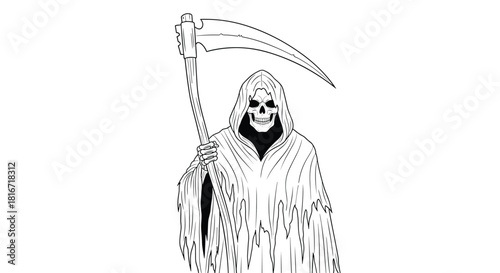 Illustration of the grim reaper holding a scythe in a hooded cloak with a skeletal face.