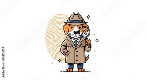 Cartoon detective dog wearing a trench coat and hat examines a fingerprint with a magnifying glass.