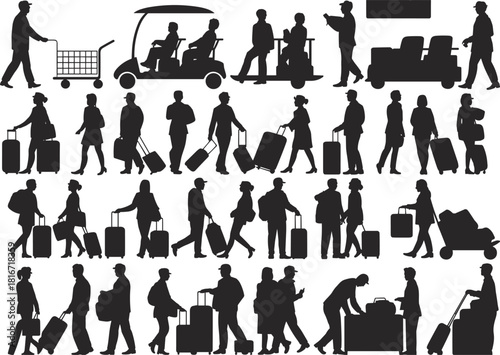 Diverse silhouettes of travelers with suitcases and airport carts, depicting people moving through a busy terminal for vacation or business travel concept.