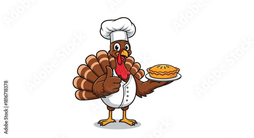 Cartoon turkey chef in a white hat and coat gives a thumbs up while holding a pie.