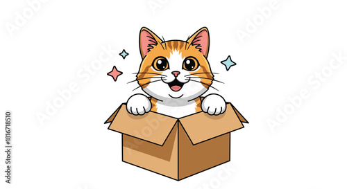 Cute orange and white cat peeking out of a cardboard box with sparkling stars.