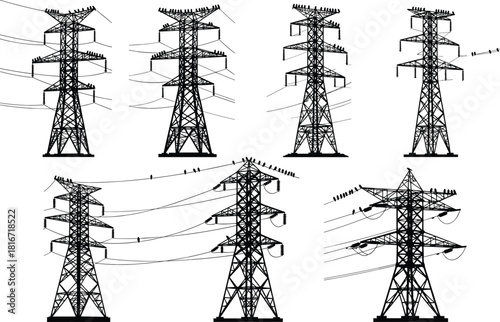 High voltage transmission towers with crossarms, insulators, power lines, electricity pylons infrastructure flat vector illustration