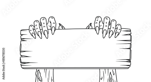 Illustration of spooky monster hands with long claws holding a rustic wooden sign.