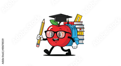 Cartoon apple character wearing a graduation cap and glasses, carrying a backpack full of books and a pencil.