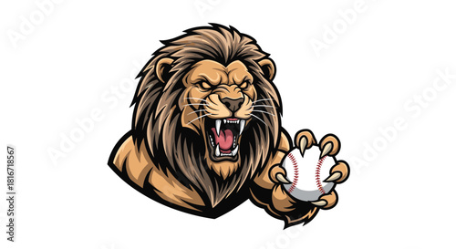 Fierce lion mascot roaring and holding a baseball in its paw, perfect for sports branding.