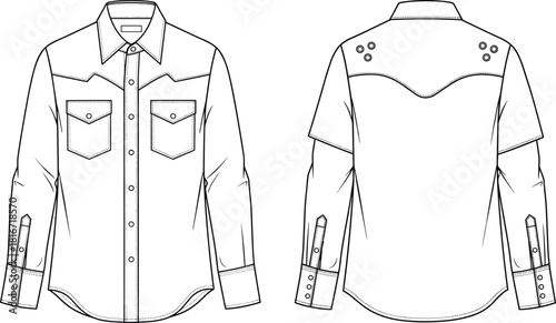 Men's western denim shirt fashion CAD drawing flat vector illustration, long sleeve, cowboy style, flap pockets, back yoke eyelets, technical sketch.