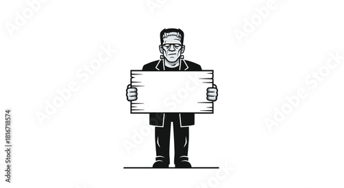 Monochromatic illustration of Frankenstein's monster holding a blank wooden sign with both hands.