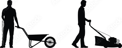 Silhouetted man with wheelbarrow and lawn mower, outdoor worker tools, gardening labor scene, landscaping equipment illustration