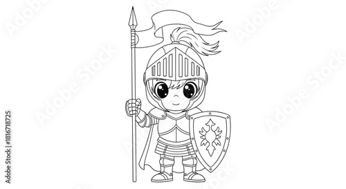 Cute cartoon knight in armor holding a shield and a spear with a flag.