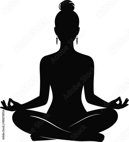 Elegant black silhouette of a woman sitting in a full meditative pose with hands in Mudra, illustrating zen, peace, and spiritual mind-body balance.