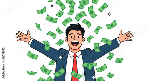 A happy businessman celebrates as green dollar bills rain down on him.