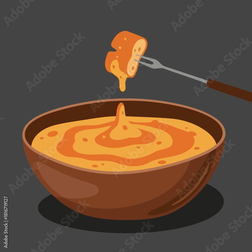 Savory Cheese Fondue or Dipping Sauce Bowl with Bread on a Fork