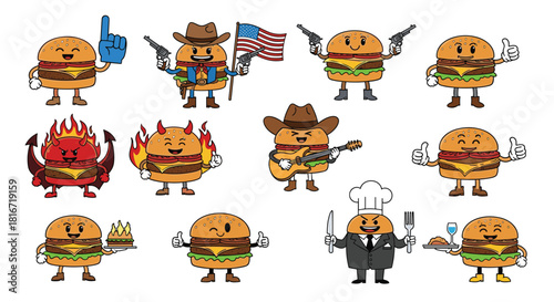 Collection of cartoon hamburgers with various costumes and accessories.