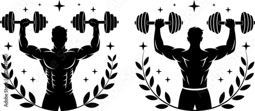 Black silhouette muscular men lifting barbells with laurel wreaths and stars fitness