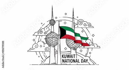 Kuwait National Day vector illustration featuring the iconic Kuwait Towers and waving flag. Commemorate the national holiday with this detailed line art graphic, suitable for SVG, PNG, and JPEG format