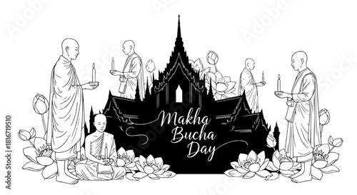 Makha Bucha Day vector illustration: Buddhist monks in robes holding candles, worshiping at a temple silhouette with lotus flowers, a significant religious holiday
