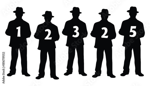 Silhouette men with numbers for counting and identification