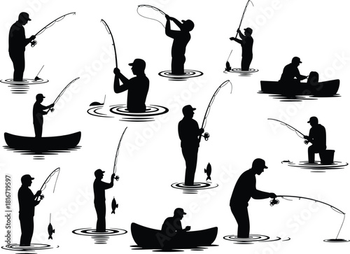 Fishing silhouettes, fisherman in action, boat fishing, casting line, catching fish, outdoor sport, lake fishing, river angler, peaceful nature scene