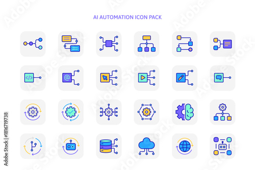 24 automation icons for AI engine system concept, data analysis, coding or programming workflow development, management flowchart. Artificial intelligence in minimalist vibrant colors icon set vector.