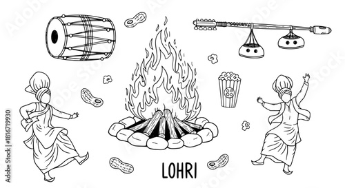 Hand-drawn vector illustration of the traditional Indian Punjabi festival Lohri celebration, featuring a bonfire, dhol drum, traditional music instrument, peanuts, popcorn, and people dancing Bhangra,