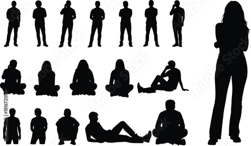 People silhouettes set, men and women standing, sitting and lying down, casual lifestyle poses collection, black vector illustration is