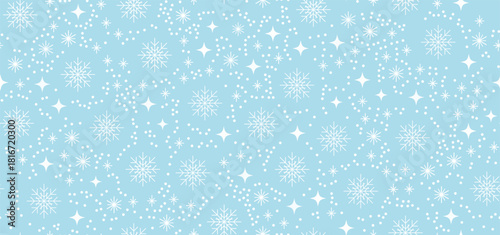 White snowflakes and stars seamless pattern on blue. Simple winter background falling snow dots. Festive texture suits Christmas wrapping paper and textile design.