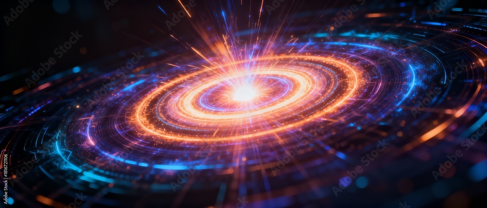 Obraz premium Cosmic Fusion: An intricate illustration of a galactic core radiating vibrant energy, showcasing the awe-inspiring phenomena of celestial mechanics.