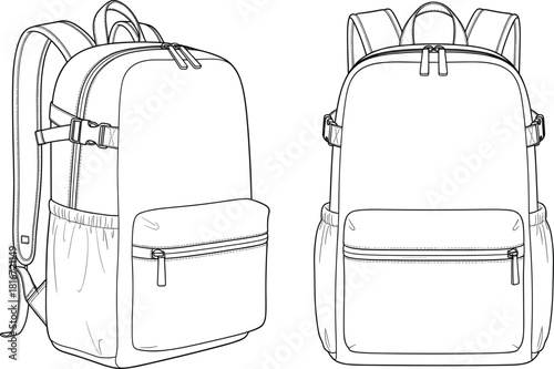 Modern square backpack technical flat sketch vector, front and three-quarter views, functional bag template with pockets for school, travel, or everyday carry