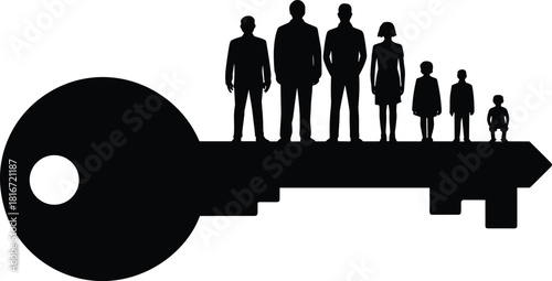 Silhouettes of diverse people standing on large key symbol, concept of opportunity, success, leadership, growth, future potential
