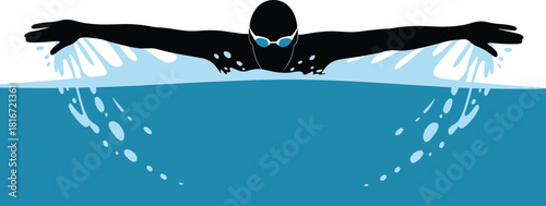 Silhouette of a swimmer performing butterfly stroke in blue water swimming
