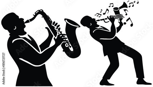 Jazz musicians playing saxophone and trumpet black and white art