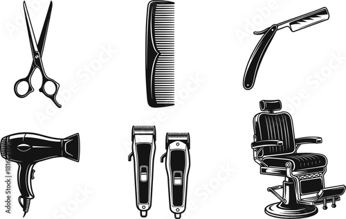 Barbershop equipment vintage vector set with classic tools like scissors, comb, straight razor, hair dryer, clippers, and retro adjustable salon chair silhouette