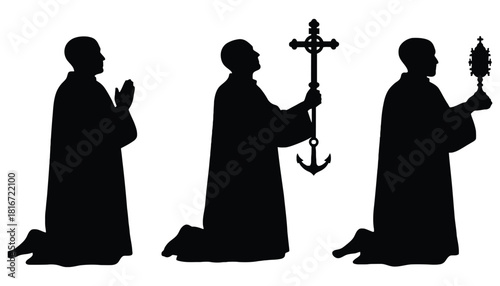 Catholic priest silhouettes praying with cross and monstrance