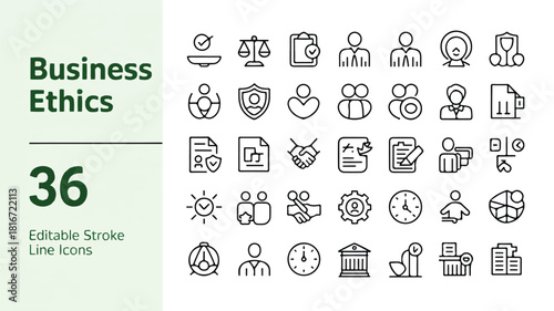 Business Ethics Icon Set A Comprehensive Collection of Editable Stroke Line Icons for Professional Use