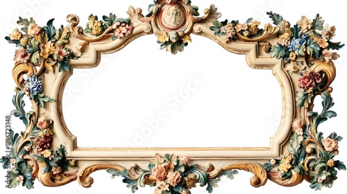 Ornate, antique style rectangular frame heavily decorated with sculpted flowers and scrolling foliage