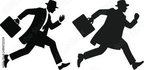 Two black silhouettes of men in hats and suits running with briefcases vector