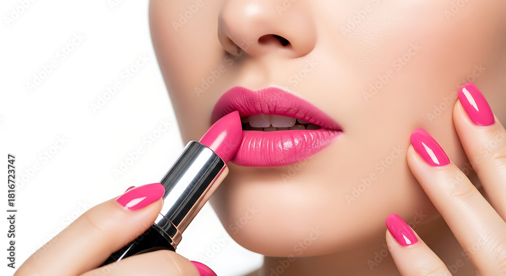 Obraz premium Woman applying bright pink lipstick with matching nails