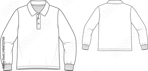 Long-sleeve polo shirt technical flat sketch vector, front and back view, collared sportswear apparel design template with ribbed cuffs and placket