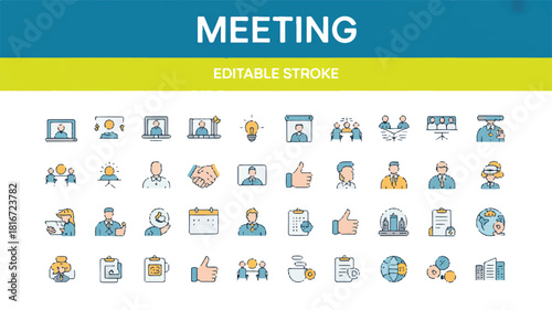 Professional Business Meeting Icon Set - Editable Stroke Line Art for Communication, Teamwork, Corporate Strategy, and Collaboration Concepts