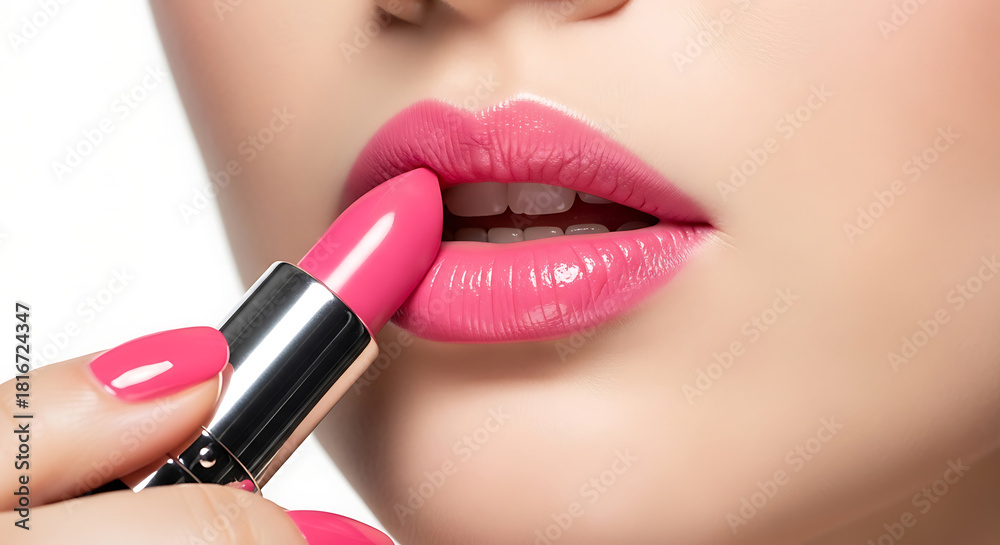 Obraz premium Woman applying bright pink lipstick to full lips makeup